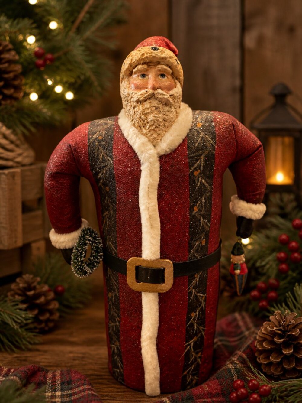 Vintage Folk Art Santa Figurine 11” Fabric Body Hand Painted Rustic Primitive